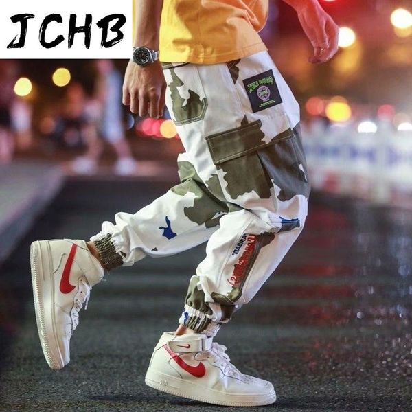 

streetwear mens cargo pants hip hop trousers camouflage splice joggers pants multi-pocket cotton overalls male clothing, Black