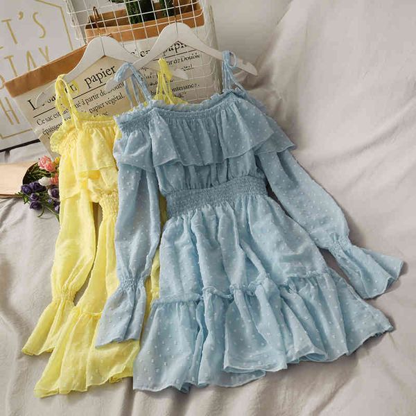 

fairy strap off shoulder ruffled polka dot chiffon dress women flare sleeve sweet slim waist pleated vestido feminino 210429, Black;gray