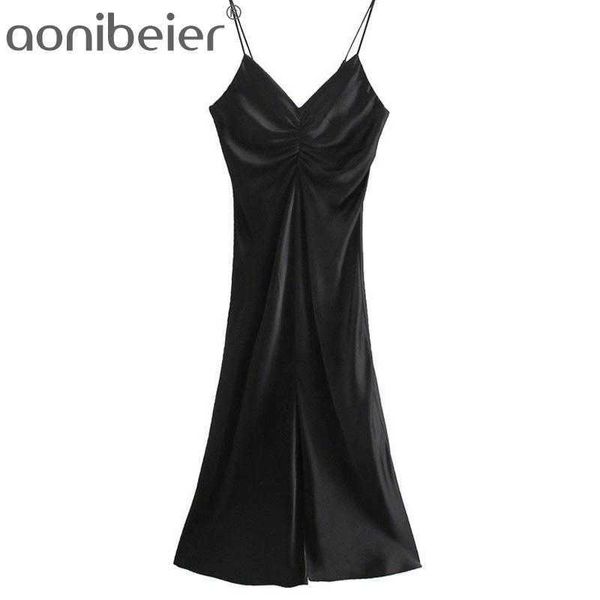 

black satin dress summer sleeveless v neck spaghetti strap long ruched detail women mid-calf pencil 210604, Black;gray