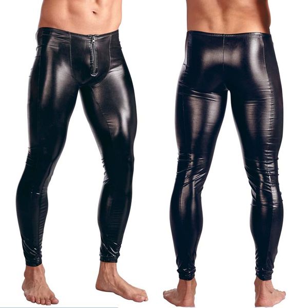 Calças masculinas pretas de couro sintético, calças justas para performance em palco, leggings elásticas, calças sexy para homens