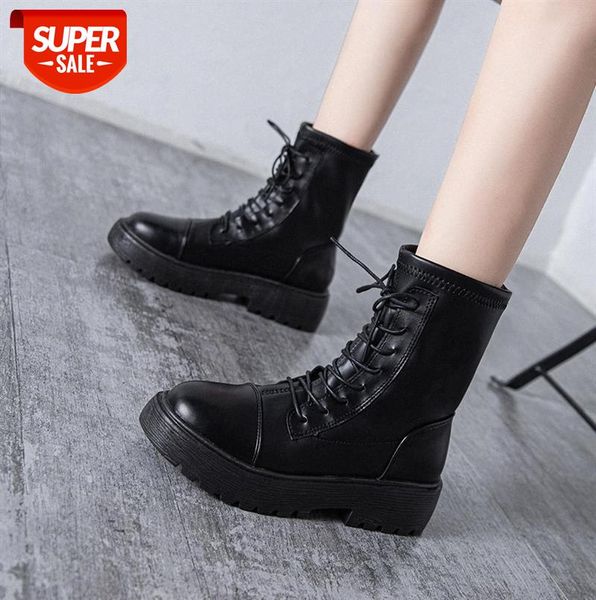 

women's knight boots british style mid-tube thick-soled lace-up women #hm2a, Black