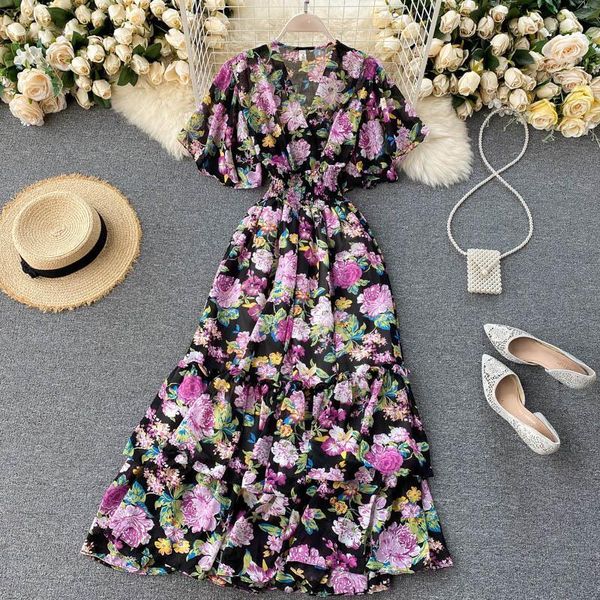 

womens dresses women fashion v neck ruffled high waist slim floral print casual dress letter lady vestidos mujer p211, Black;gray