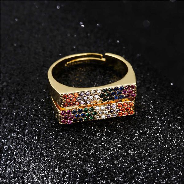 

jewelry geometric double row color zircon men's and women's open ring ins wind copper plated 18k gold ring, Golden;silver