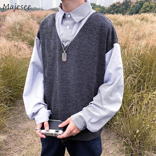 

men's sweaters men sweater fake 2 pieces patchwork pullovers spring turn-down collar ins trendy male loose designs teenager streetwear, White;black