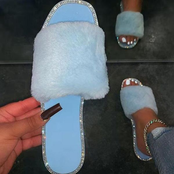 

winter 2021 home fashion all-match sandals furry flat non-slip large size ladies candy color slippers zapatillas mujer casa, Black