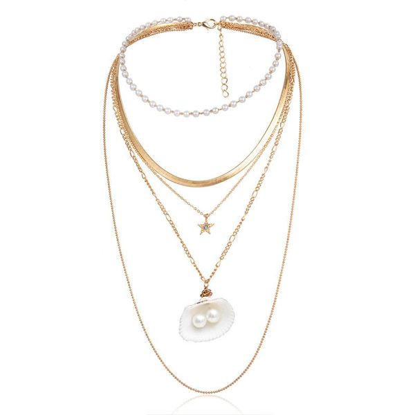 

bohemian necklace for women summer pearl natural scallop alloy iron chain beach fashion choker collar jewelry female chains, Silver