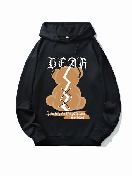 

romwe guys bear slogan graphic hoodie 75f7#, Black