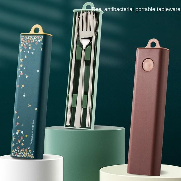 

antibacterial stainless steel portable tableware spoon fork chopsticks set with storage box travel chopstick 352