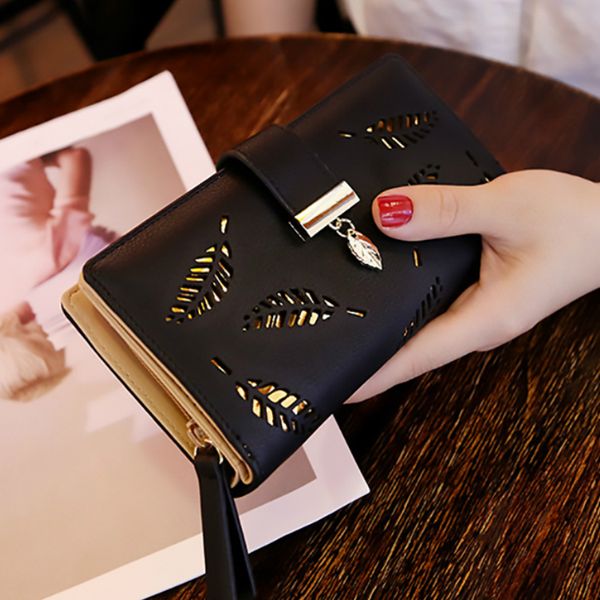 

women wallet leather purse female long wallet gold hollow leaves pouch handbag for women coin purse card holders clutch, Red;black