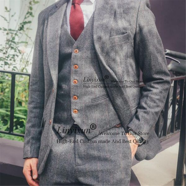 

men's suits & blazers herringbone retro gentleman 3 pieces tweed men notched lapel blazer groom wedding tuxedos jacket vest pan, White;black