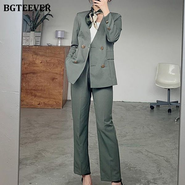 

spring fashion 2 pieces women pantsuits e;legant v-neck double breasted belted blazer & high waist female suit pants women's two piece, White
