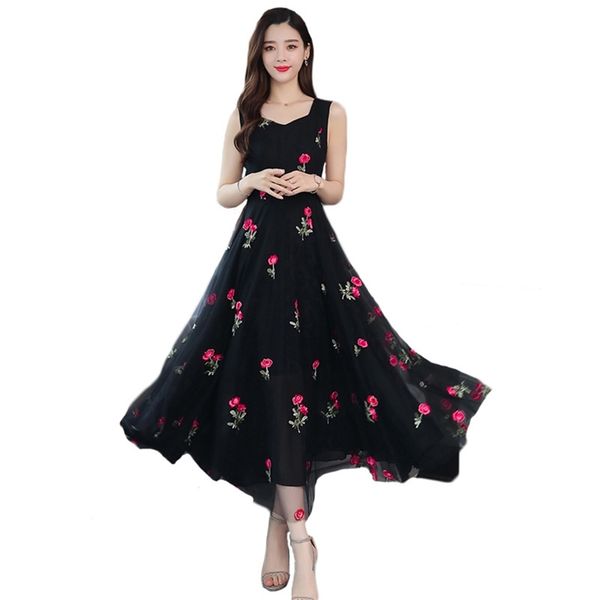 

embroidery floral dress women summer fashion white gauze elegant sleeveless slim long dresses female lr1384 210531, Black;gray