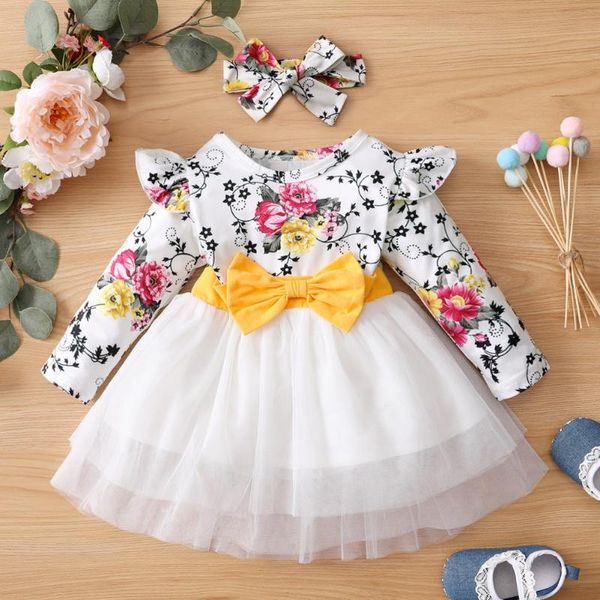 

girl's dresses autumn girls ruffled sleeve dress+headband floral tulle dress knotbow decor infant princess 3m-3t, Red;yellow