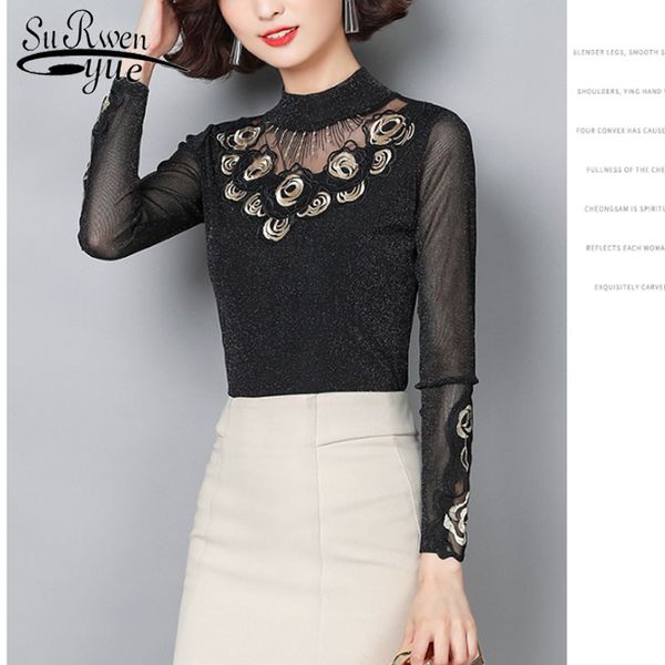 

long sleeve lace women clothing casual floral stand collar autumn fashion and blouses 6343 50 210508, White