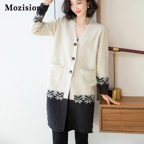 

mozision ribbed patchwork knitted cardigan women v neck two pocket single breasted winter korean style split open sweater1, White
