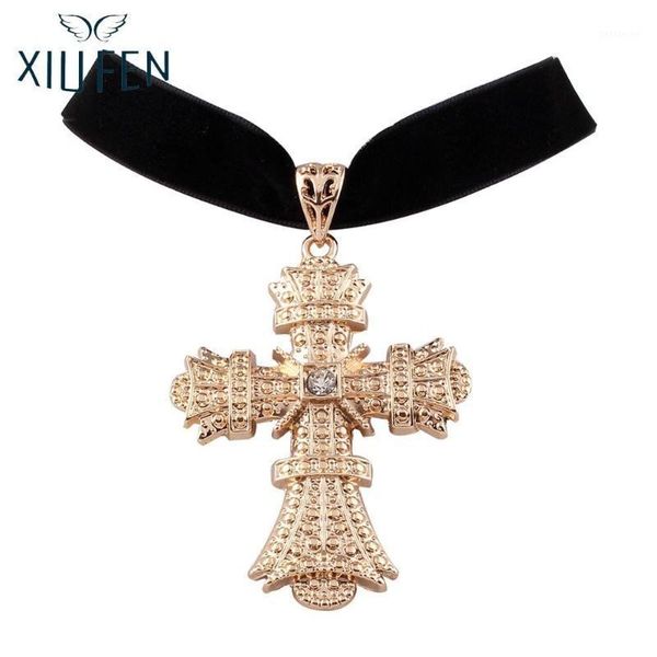 

xiufen women big cross flannelette link chain short velvet choker statement jewelry pendant necklace1, Silver