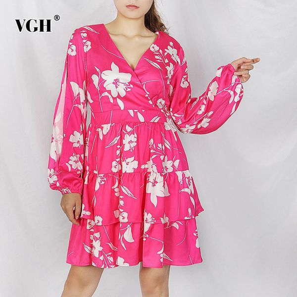 

casual dresses vgh print elegant dress for women v neck hollow out lantern sleeve high waist patchwork mini female fashion clothing, Black;gray