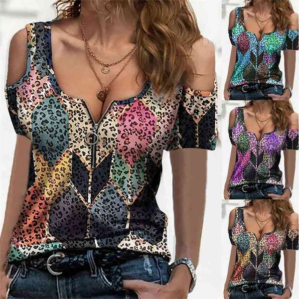 

summer style printed off-shoulder zipper t shirt ladies casual loose fashion plus size clothing 210708, White