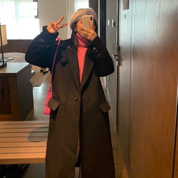 

women's wool & blends [ewq]2021 winter female over knee style turn-down collar long-sleeved solid color black straight minimalist woole