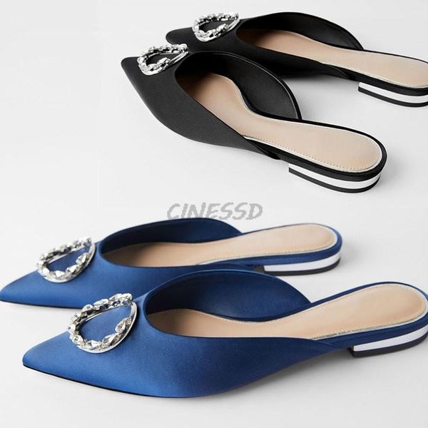 

spring crystal women mules silk pointed toe casual slippers, Black