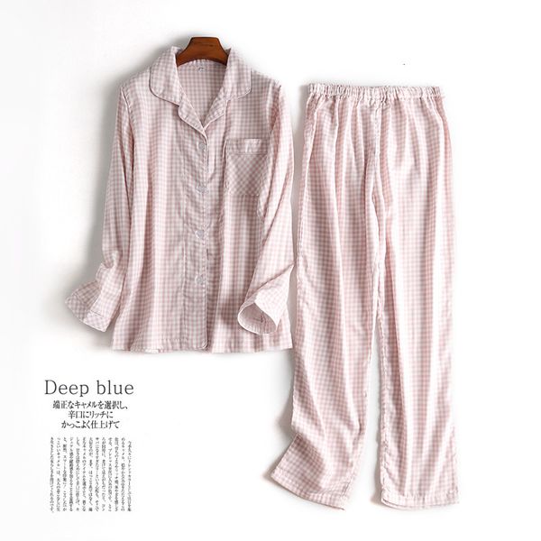 

women's spring and autumn cotton housewear pajamas suit plaid cotton double layer yarn lapel casual, Black;red