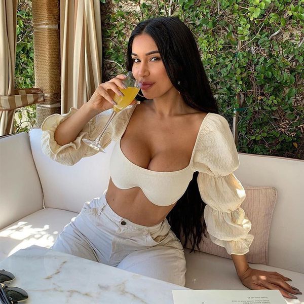 

square collar fashion wave lantern sleeve blouse shirts backless summer cropped blouse women blusas chic, Black;white