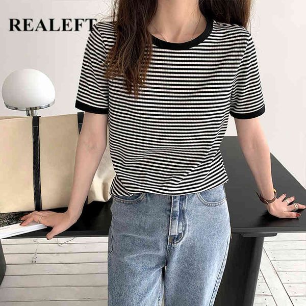 

summer women's t-shirt female fashion chic short sleeve horizontal stripe casual loose basic 210428, White