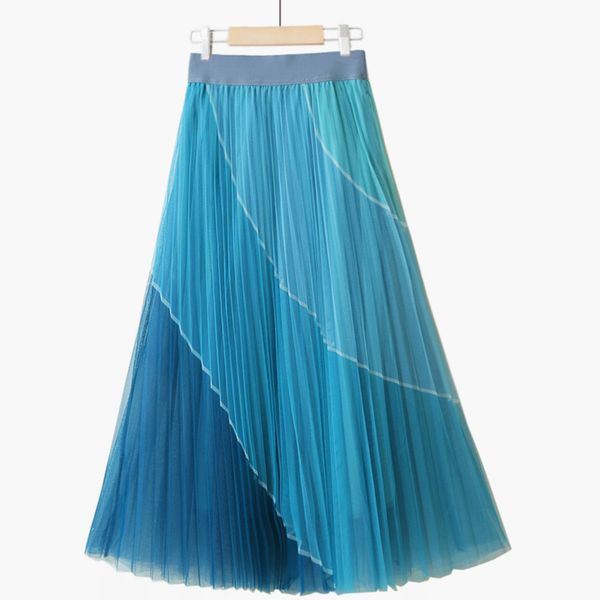 

spring pleated skirts elastic high waist patchwork mesh double layer all-match female elegant casual skirt 2a6056 210507, Black