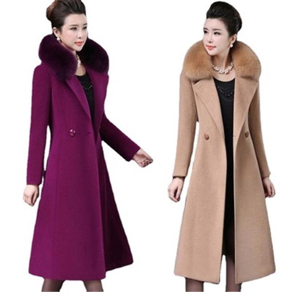 

women's wool & blends autumn winter fashion mid-length fur collar lapel long-sleeved light luxury temperament woolen jacket female tren, Black