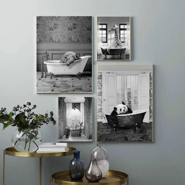 

unframed painting animal in bathtub poster prints giraffe elephant alpaca panda canvas wall art