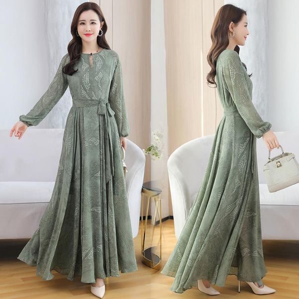 

casual dresses 2021 women vintage elegant lace floral dress female chiffon party long sleeve o-neck lose ladies vestidos h242, Black;gray