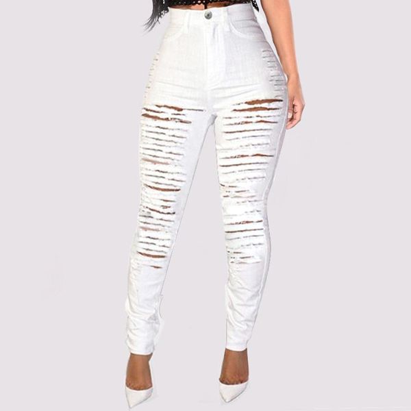 

women's jeans 2021 hole for women ripped trousers stretch pencil pants button casual slim high-rise solid color slim-fit, Blue