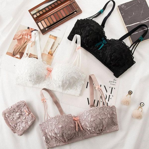 

bras sets wireless lace half cup lingerie set bra and panty demi solid japanese lolita style underwear bralette pink white kawaii top, Red;black