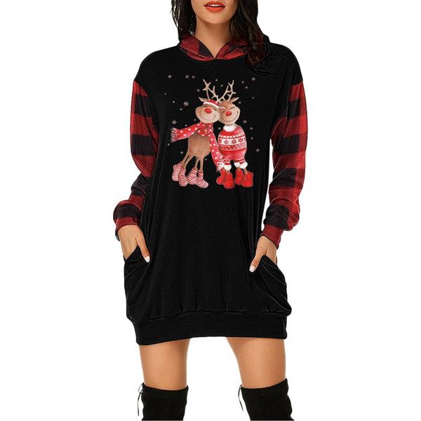 

casual dresses elk print christmas sweatshirt dress plaid long sleeve bag hip xmas hoodie loose hooded pocket vestido feminino 40#, Black;gray