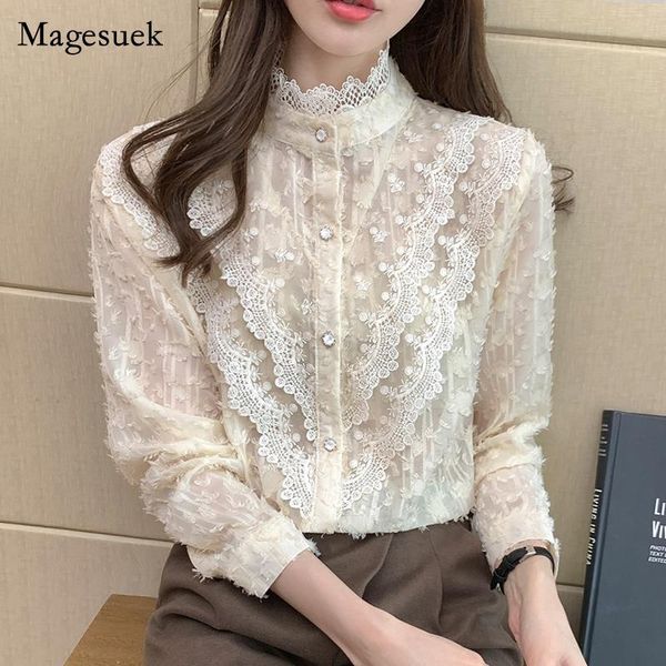 

women's blouses & shirts elegant solid chiffon blouse women 2021 spring crochet lace patchwork stand collar button up shirt female 134, White