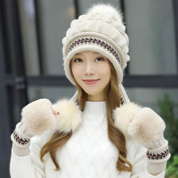 

hats, scarves & gloves sets women's knitted beanies hats + plush hat warm woolen thick ball ear protection cap berets outdoor riding, Blue;gray