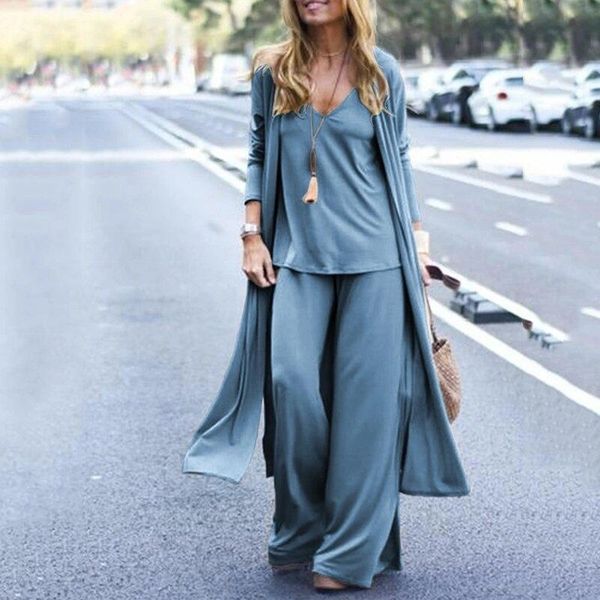 

women's two piece pants fashion v-cut sling + straight trousers autumn 2021 high waist lot single coloured knitting jacket, White