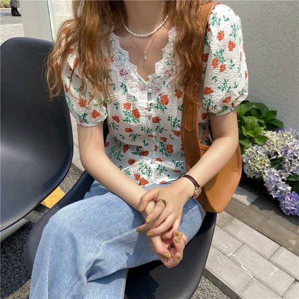 

simple lace patckwork fashion all match simple short sleeve puff sleeve button linev c-neck women shirts 210522, White