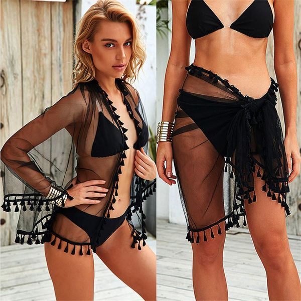 

itranyee women mesh sheer beach bikini cover ups vacation sunscreen wrap skirts 2021 tassels high waist up pareo women's swimwear, White;black