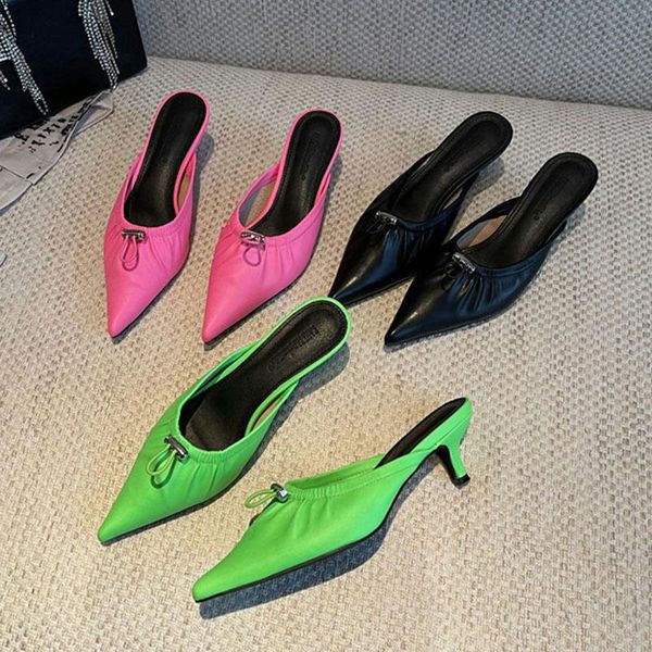 

spring women slip on mules shoes for thin low heel pointed toe casual slipper ladies brand pleated outdoor slides slippers, Black