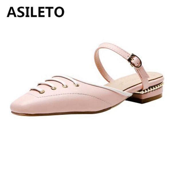 

slippers asileto summer woman elegant square toe low heels mixed color belt buckle large size 32-45 casual beach c1793, Black