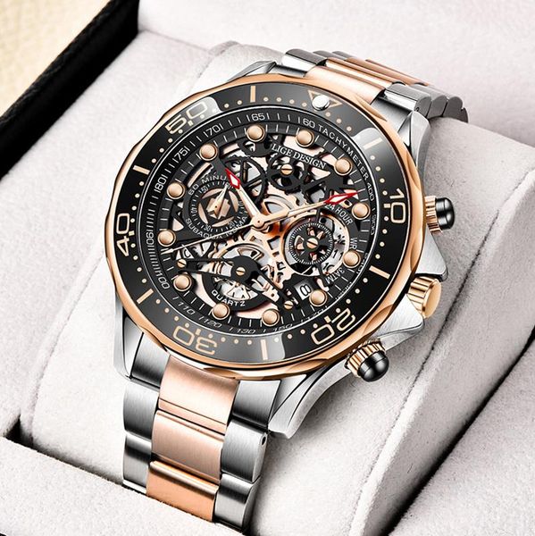 

wristwatches lige casual hollow-carved design man's wristwatch hardlex mirror quartz waterproof watches for chronograph, swatch, Slivery;brown
