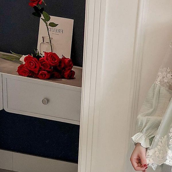 

pajamas set 3 pcs cotton women sleepwear lace long sleeve white pink green pruple, Black;red