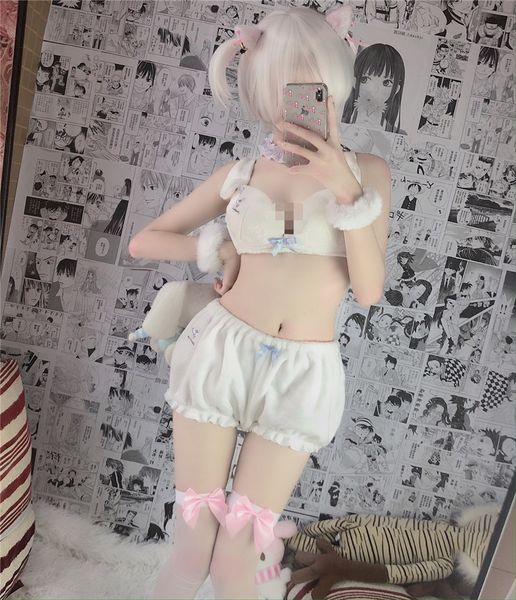

adorable anime long ear doggy cartoon pattern pajamas 2021 japanese kawaii velvet bra set for girls with fluffy bloomer shorts, Black;white