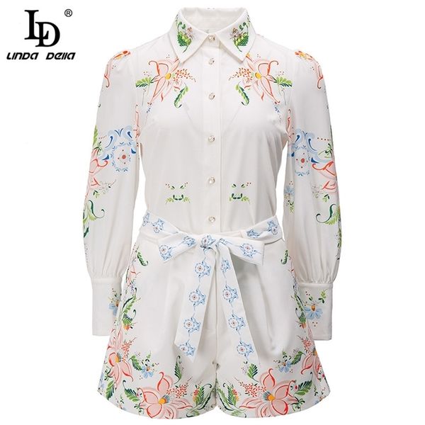 

fashion runway summer shorts set women turn-down collar floral print casual blouse and slim 2 pieces suit 210522, White