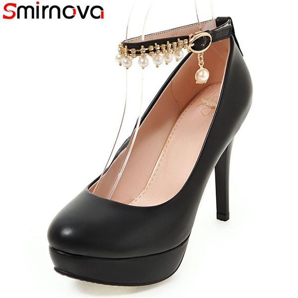 

smirnova 2021 round toe platform high heels shoes stiletto heel ankle strap black white pink women pumps dress