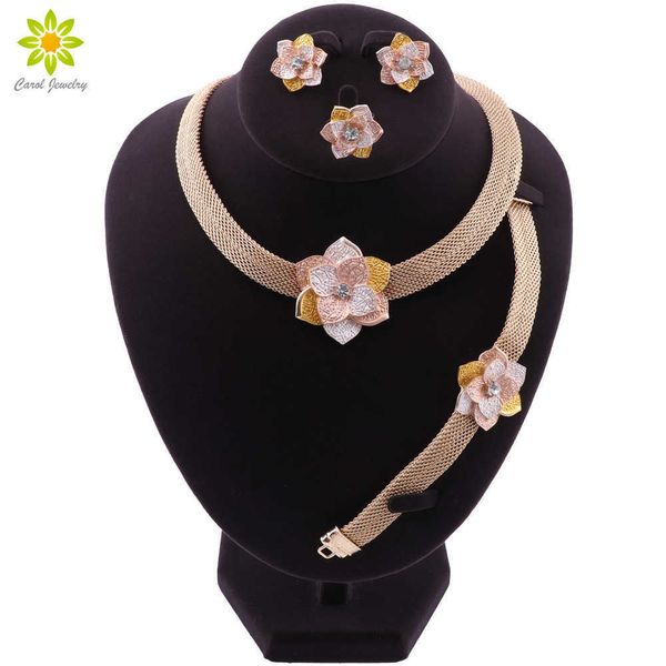Dubai ouro cor casamento para mulheres flor flor colar brincos pulseira anel bridal bridal presentes colares jóias conjunto H1022
