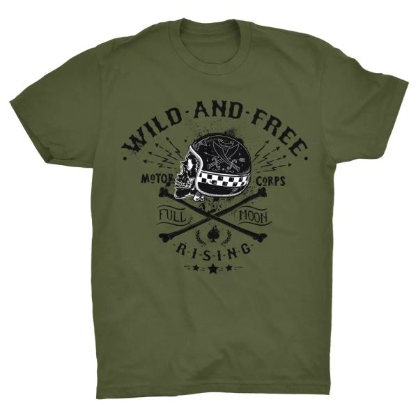 

Wild And Free T Shirt Motorbike Motorcycle Racer Biker Indian Moto GP Skull, White;black