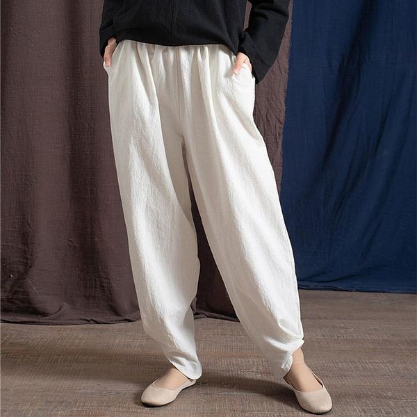 

women's pants & capris scuwlinen 2021 women vintage solid elastic waist all-match linen casual loose harem pant for p083, Black;white
