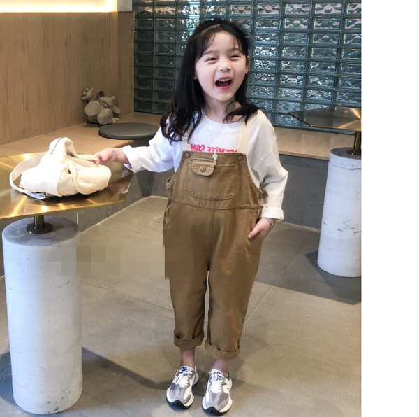 

2colours fashion kids overalls pants for girl 2021 spring canvas loose jumpsuits children casual trousers, White